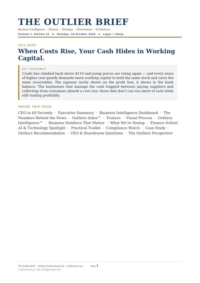 Cover of The Outlier Brief, Volume 1, Edition 12 — When Costs Rise, Your Cash Hides in Working Capital.