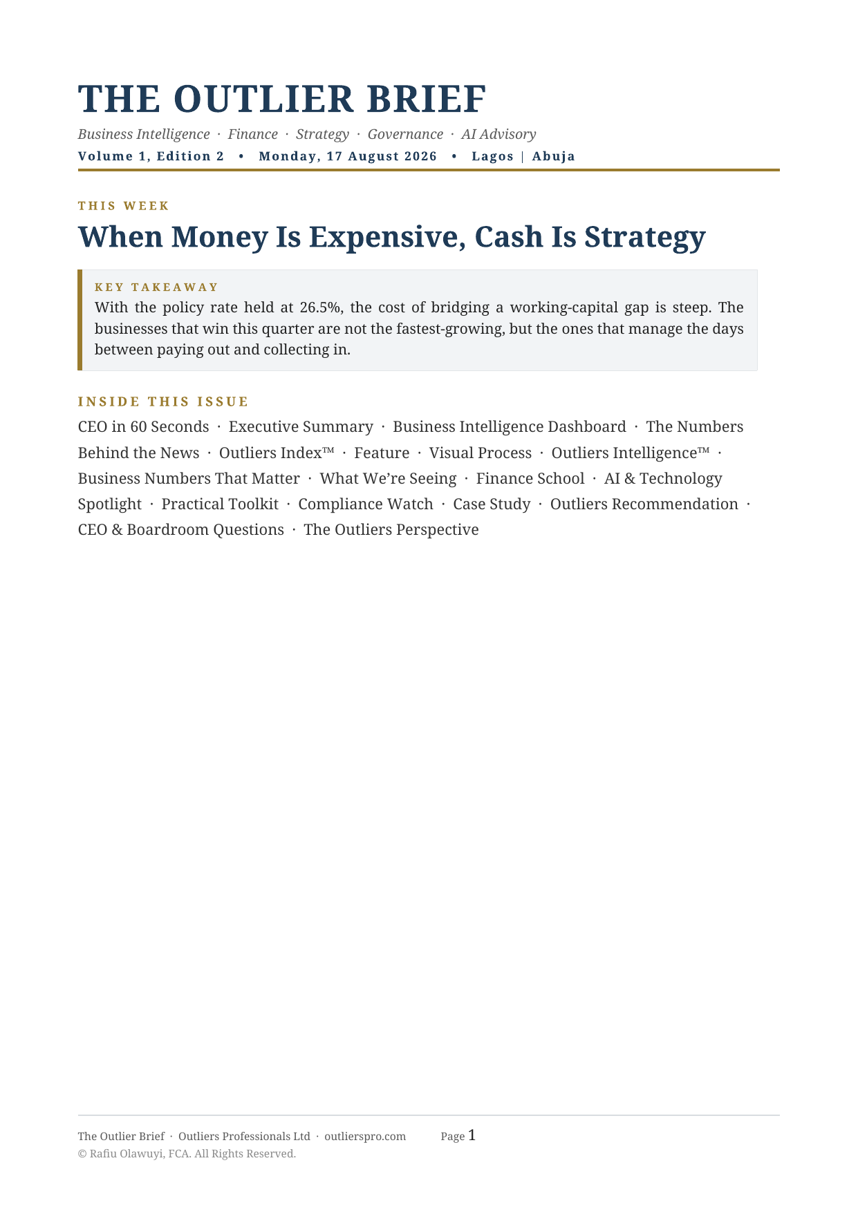 Cover of The Outlier Brief, Volume 1, Edition 2 — When Money Is Expensive, Cash Is Strategy