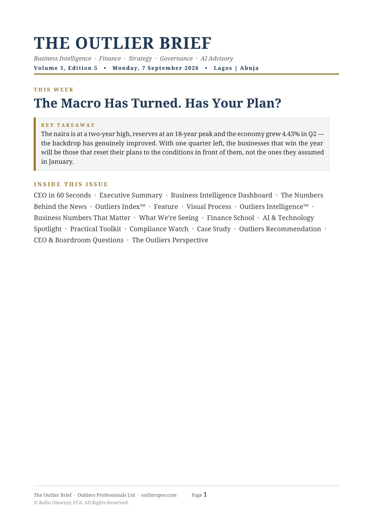 Cover of The Outlier Brief, Volume 1, Edition 5 — The Macro Has Turned. Has Your Plan?