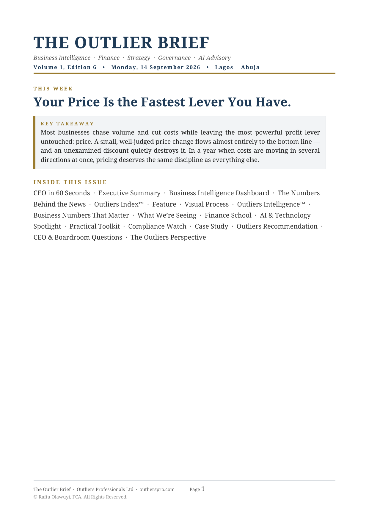 Cover of The Outlier Brief, Volume 1, Edition 6 — Your Price Is the Fastest Lever You Have.